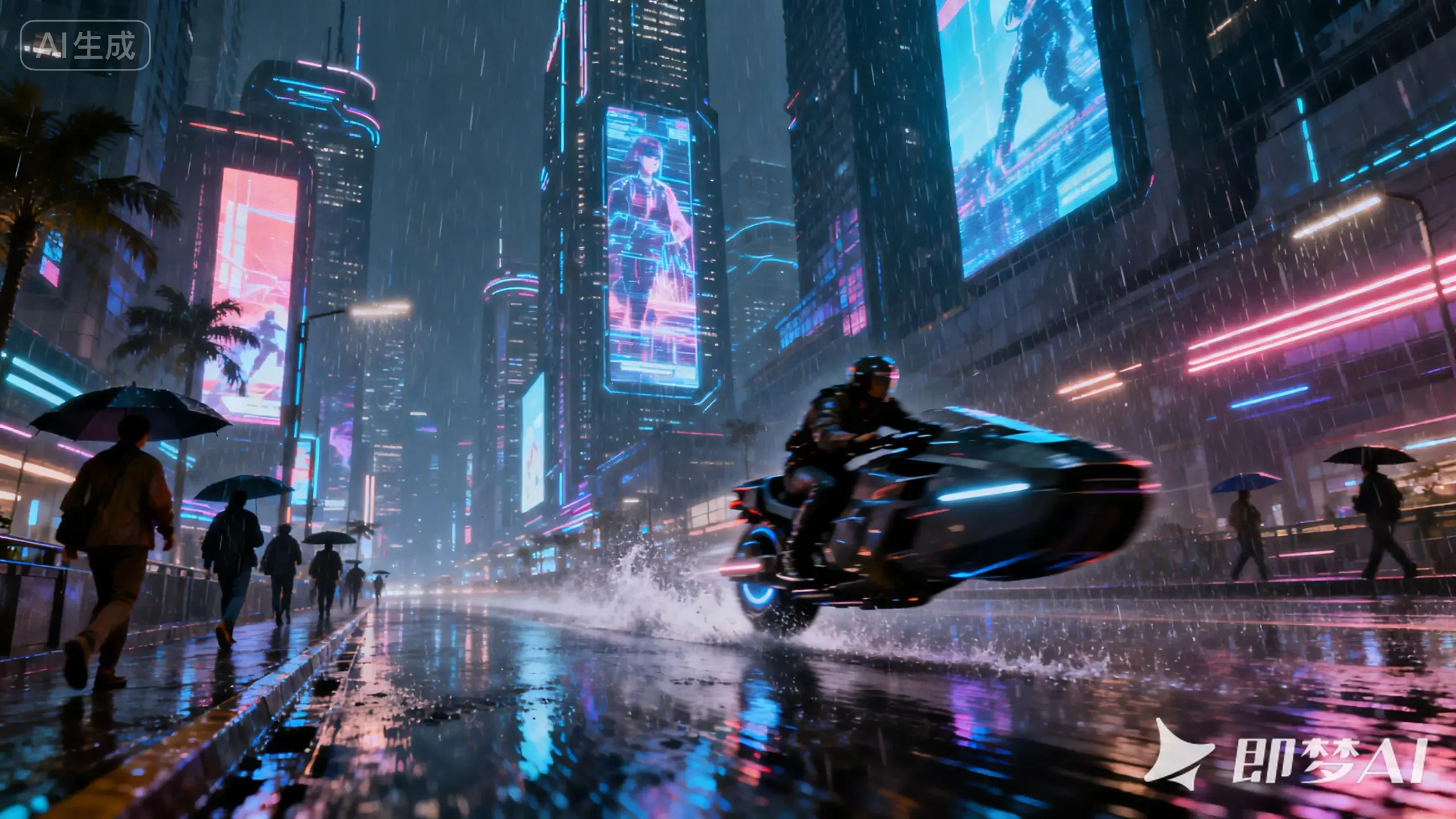 赛博朋克风格的雨夜都市街头,湿漉漉的街道反射着五彩斑斓的霓虹灯光,空中飘着细雨, 赛博朋克风格的雨夜都市街头,湿漉漉的街道反射着五彩斑斓的霓虹灯光,空中飘着细雨,
